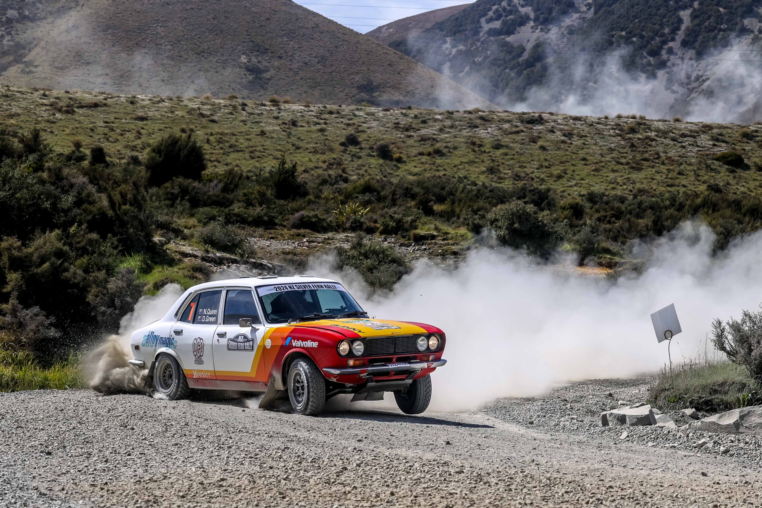 Silver Frond rally cars on a North Island gravel stage